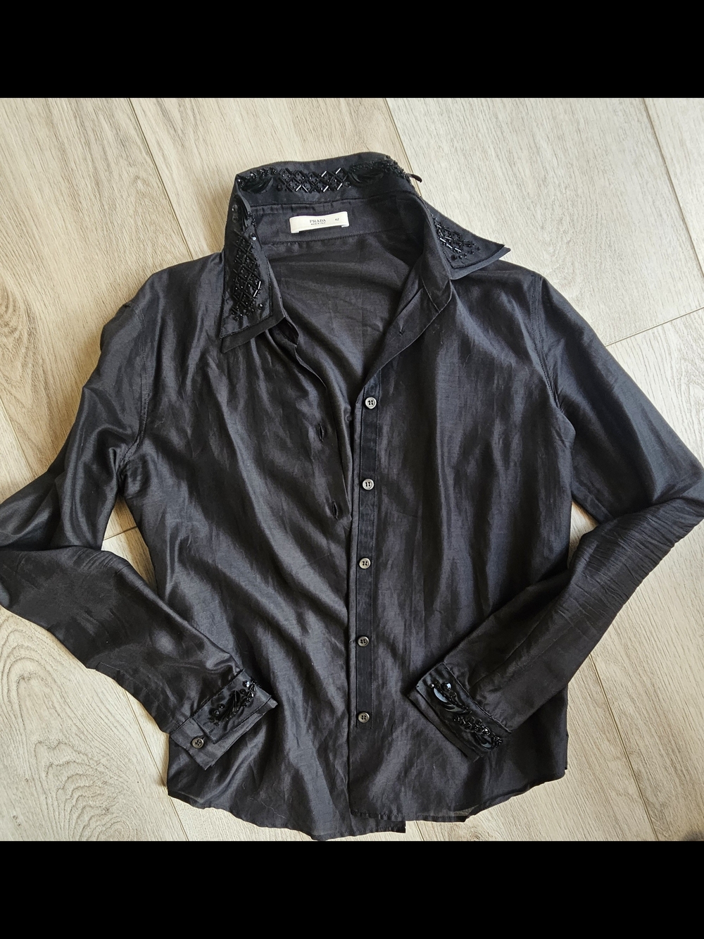 Prada Black Button down Women's Shirt with Beaded Collar And Cuffs Size 42